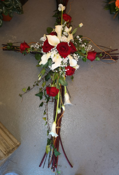 Rustic Cross - Rustic cross made in choice of colours including roses and cala liles